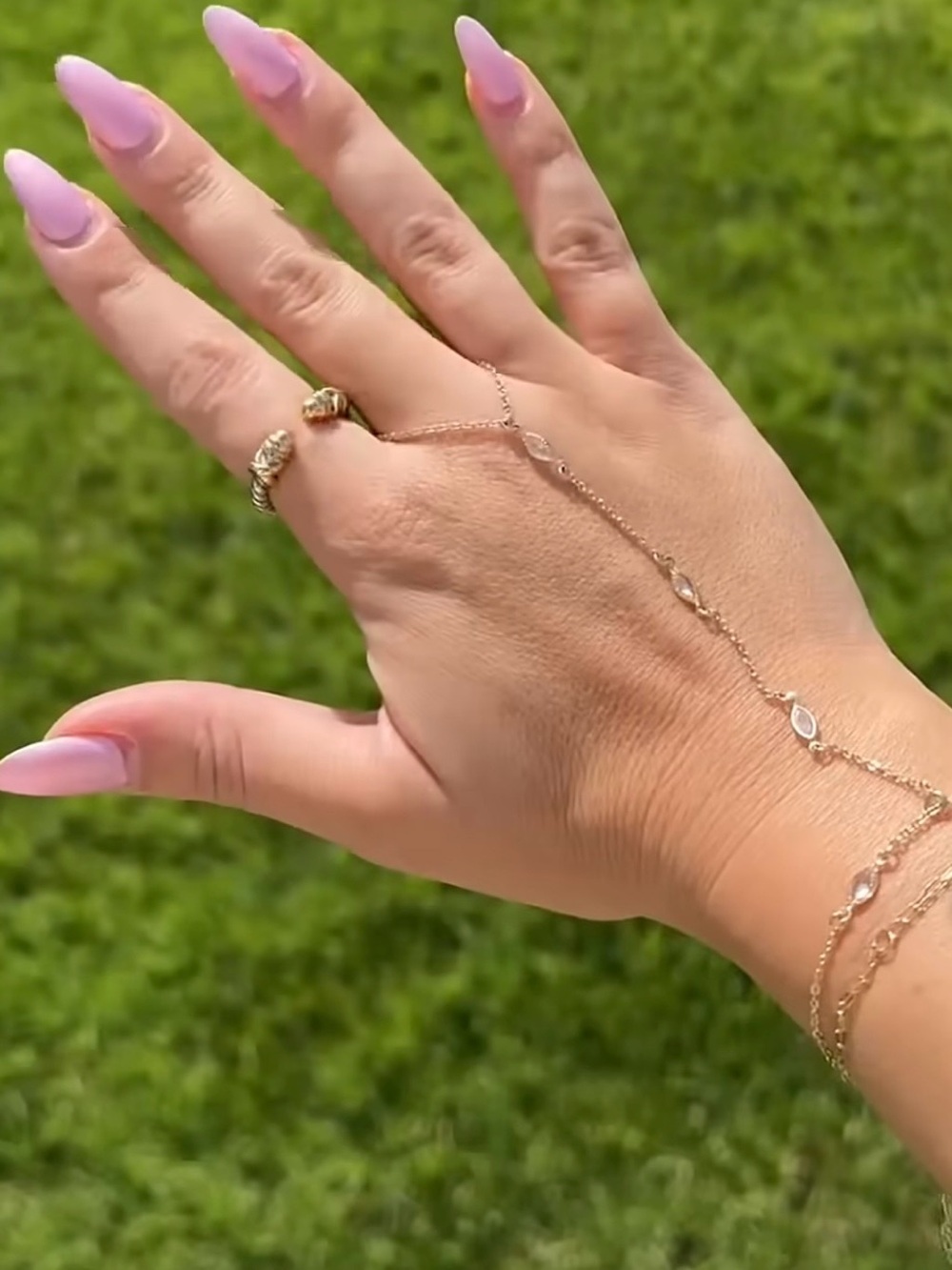 CRYSTAL HAZE Gold Marquise Link Hand Chain Bracelet and Ring 17”x 2” - Picture 2 of 14
